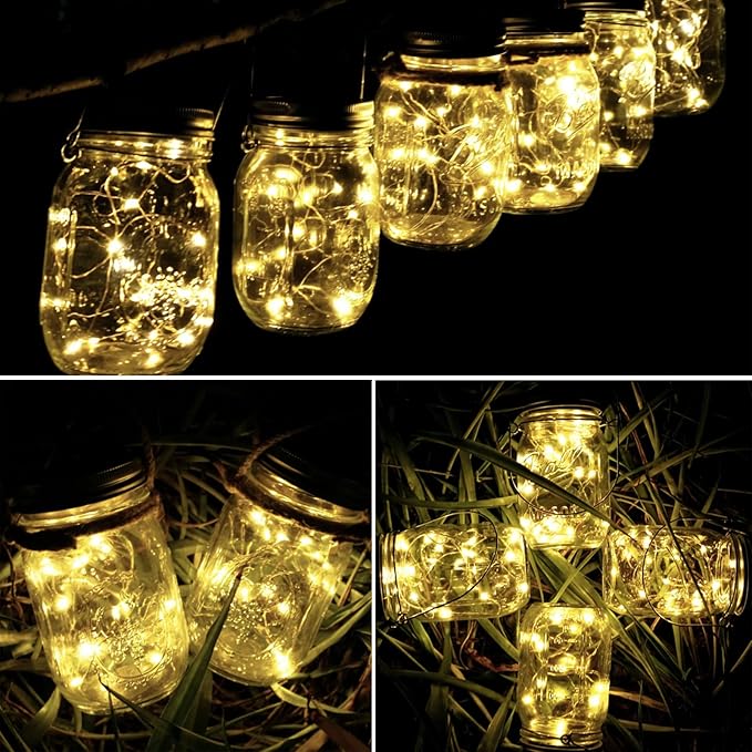 SmilingTown Solar Light for Mason Jars 20 LED Outdoor Fairy String Light Lids with Hangers for Jar Lantern Waterproof Rust Resist for Patio Lawn Garden Decor No Jars 10 Pack (Warm White)