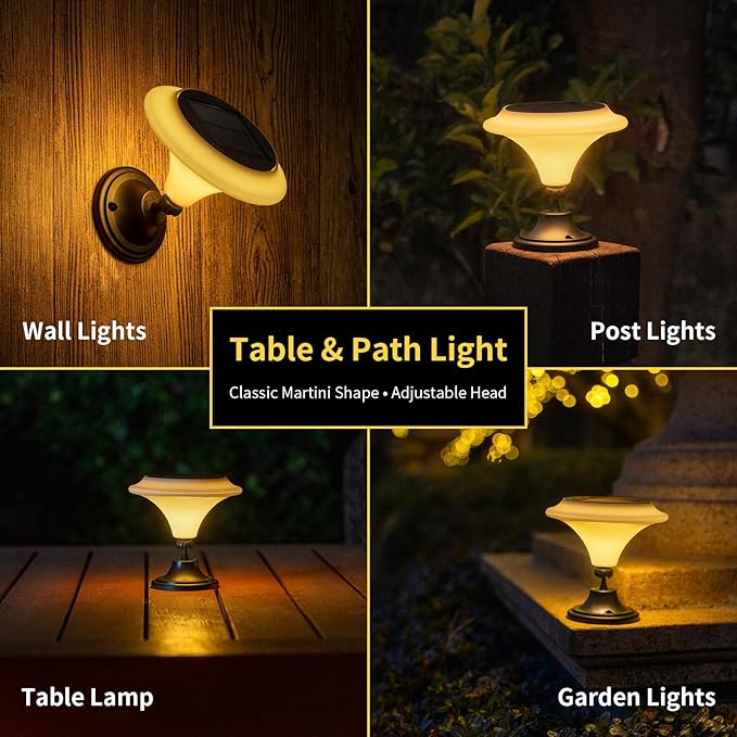 Solar Table Lights Outdoor 2 Pack Classic Martini-Shaped Lanterns with Base &amp Ground Stakes Waterproof LED Solar Powered Decorative Lights for Patio Table Garden Path (Warm White)