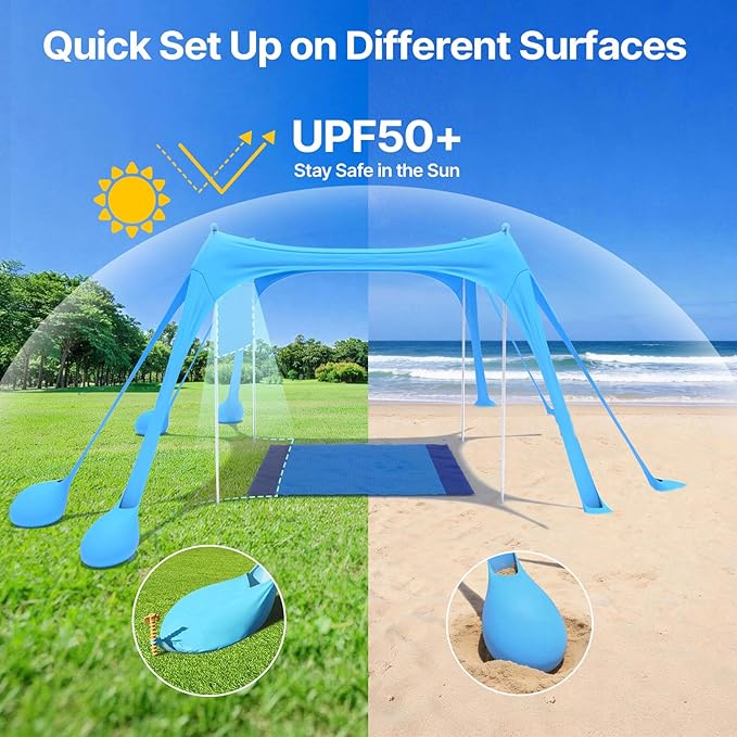 Suteck Beach Tent Sun Shelter with Sidewall Easy Set Up 10x10ft Beach Canopy Outdoor Sun Shade with UPF 50+UV Protection 8 Sandbags 4 Stability Poles for Camping Fishing or Picnics
