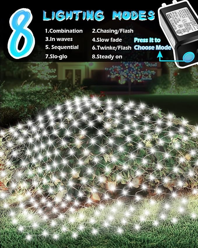 Coroor 12ft x 5ft Christmas Net Lights 360 LED Lights with 8 Modes Connecable Timer Waterproof Outdoor Bush Mesh for Home Garden Wedding Yard Decorations - Cool White