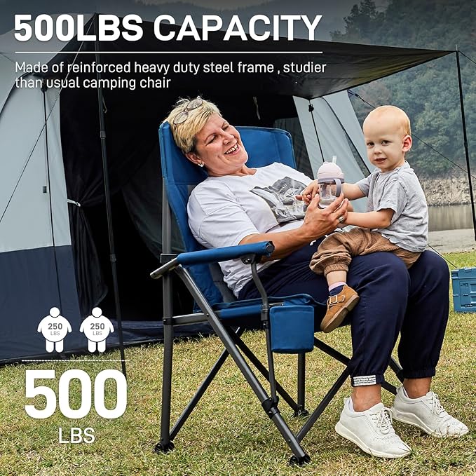 EVER ADVANCED Oversized Folding Camping Chair for Adults Heavy Duty Lawn Chair with Side Pockets Portable Collapsible Quad Chair for Outside Support Up to 500lbs Blue