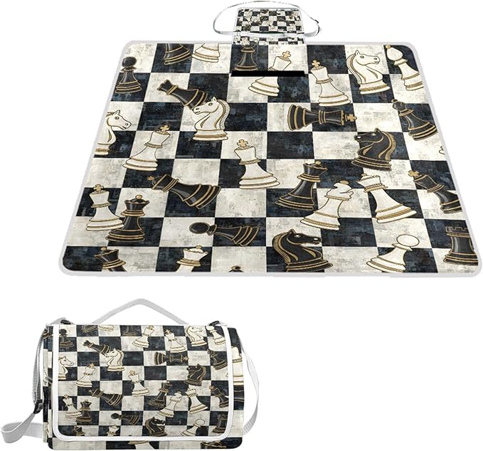 MNSRUU Picnic Blanket Waterproof Foldable Chess Black White Grid Large Outdoor Picnic Beach Camping Blanket Travel Mat Shoulder Strap Tote Rectangle 57x59in