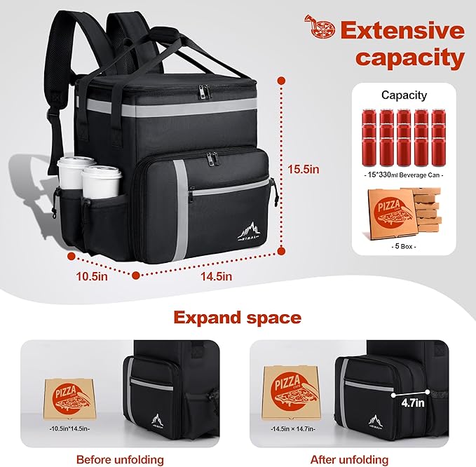 Food Delivery Backpack Insulated Food Delivery Bags for Takeout Bike Large Pizza Takeout Bag for HOT/COLD with 4 Pockets Reflective Perfect for Uber Eats Camping &amp Beach