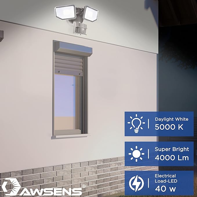 40W LED Security Lights Motion Sensor Light Outdoor 180 Degree 4000LM 5000 K ETL Water Resistant Clear 2 Head Motion Detector Flood Light for Garage Yard 2-Pack (Bronze)