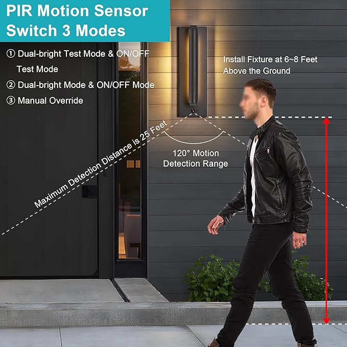 Modern PIR Motion Sensor Outdoor LED Wall Light with a Rotatable Beam and 245° Adjustment 3 Lighting Sensor Modes IP65 Waterproof Suitable for Porches Balconies Gardens Garages.