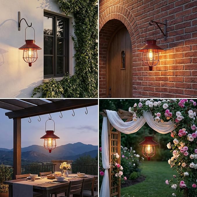 YAKii 6 Pack Solar Lantern Hanging Waterproof Outdoor Metal Solar Lamp with Warm White Light Decorate for Yard Garden Pathway Patio Porch (Red)