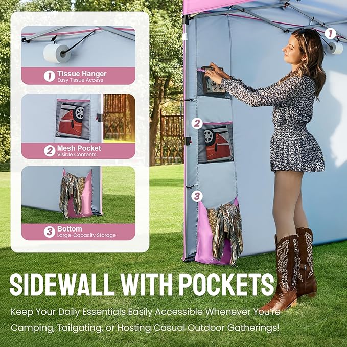 CROWN SHADES Canopy Tent 10 x 10 Foot Portable Pop Up Outdoor Shelter with Pocket Sidewall Push Center Lock UV Protection and Carry Bag Pink