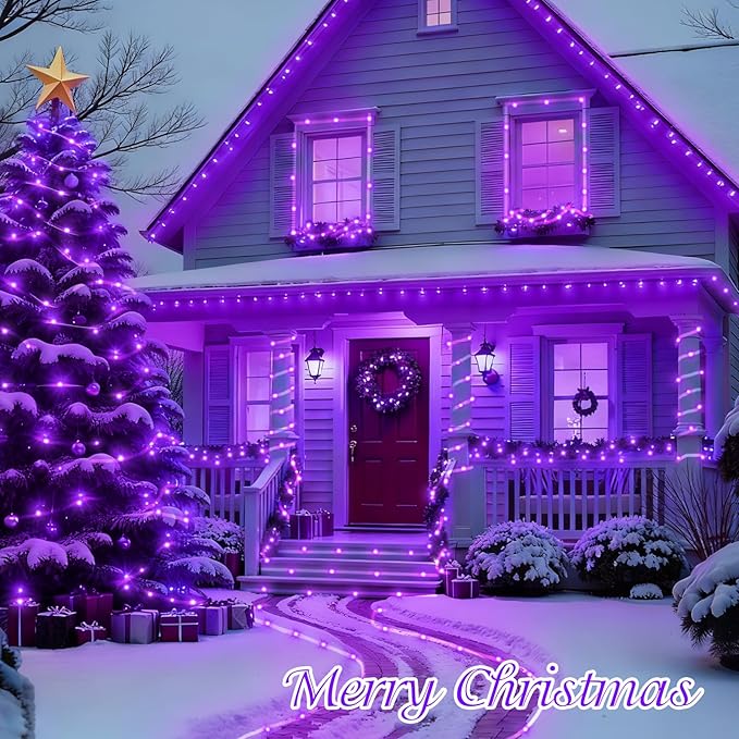 QITONG 2 Pack Purple Solar Rope Lights Each 33ft 100 LED String Lights 8 Modes Fairy Lights in Clear Thin Tube Outdoor
