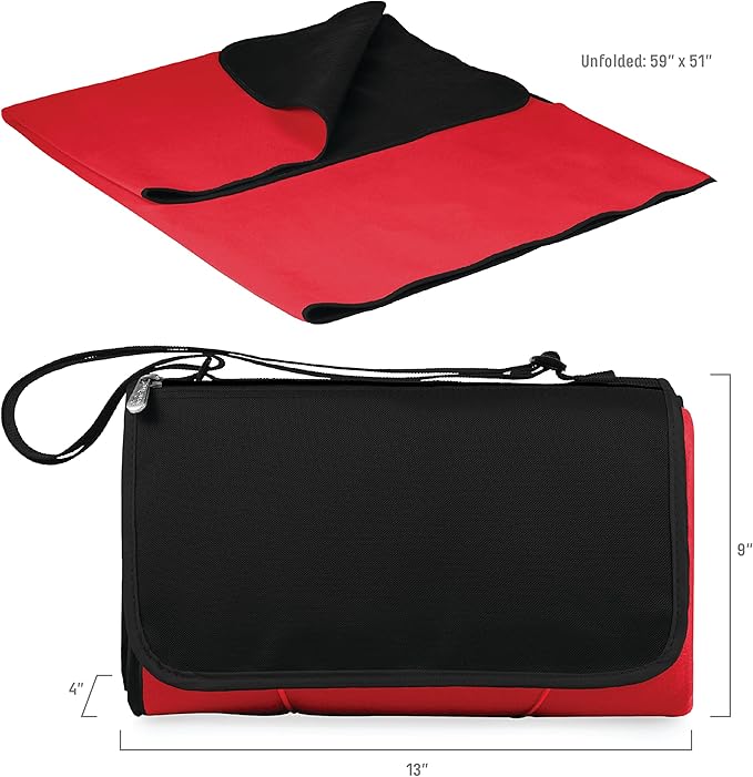 PICNIC TIME Outdoor Picnic Blanket Tote 59x51 Foldable Beach &amp Camping Blanket with Soft Fleece Water-Resistant Bottom Adjustable Strap &amp Zippered Pocket (Red with Black Flap)