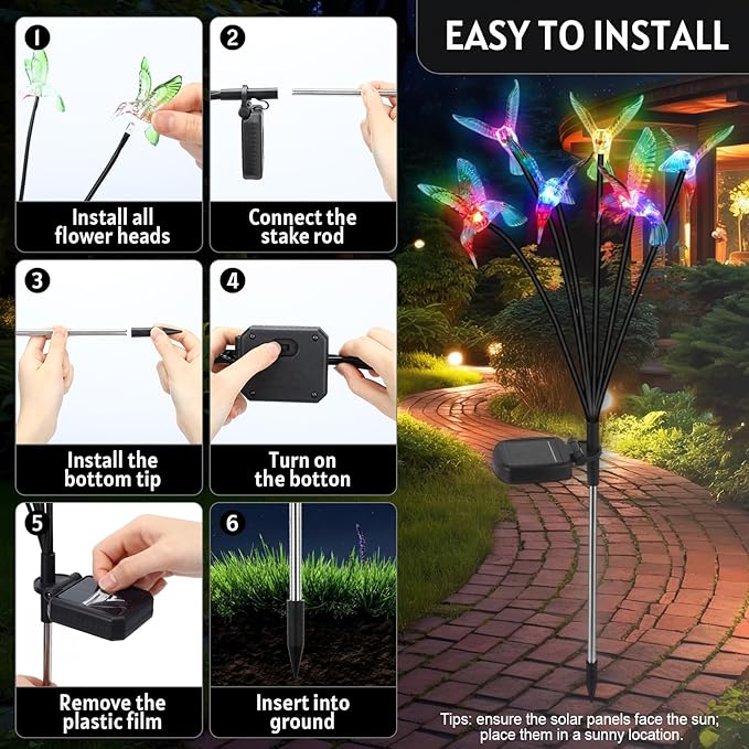4 Pack Solar Hummingbird Lights Outdoor Garden 6 Head Solar Swaying Pathway Stake Lights Waterproof for Yard Lawn Patio Walkway Landscape Decor