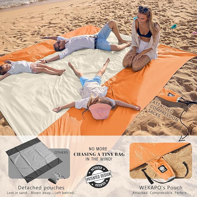 WEKAPO Beach Blanket Sandproof Waterproof Extra Large Beach Mat Oversized &amp Compact Sand Free Quick Drying Beach Essentials for Vacation Cruise Picnic &amp Camping with Stakes
