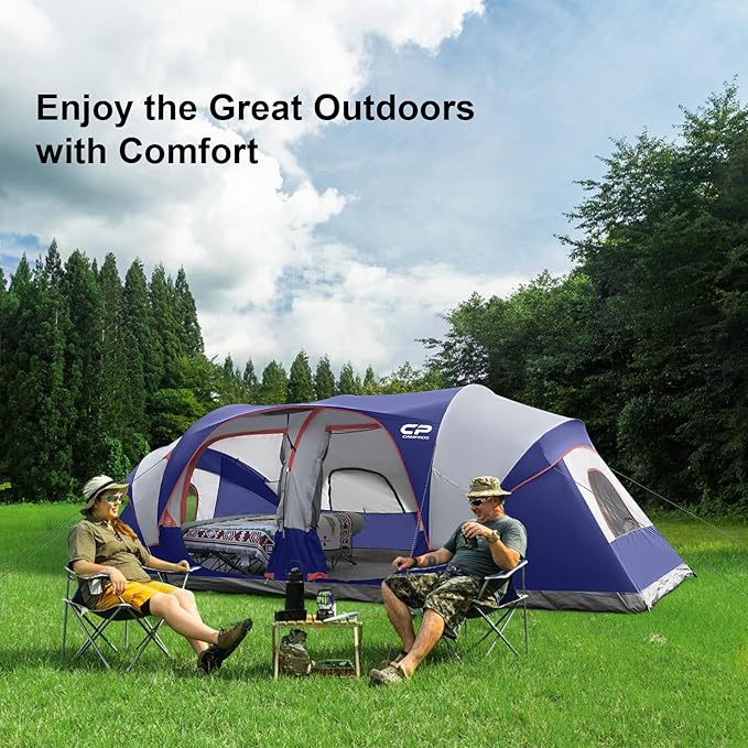 CAMPROS CP Tent 12-Person-Camping-Tents3 Room Family TentsWaterproof Windproof Family Tent with Top Rainfly6 Large Mesh WindowsDouble LayerEasy Set Up Portable with Carry Bag-20' x 9' x 72(H)