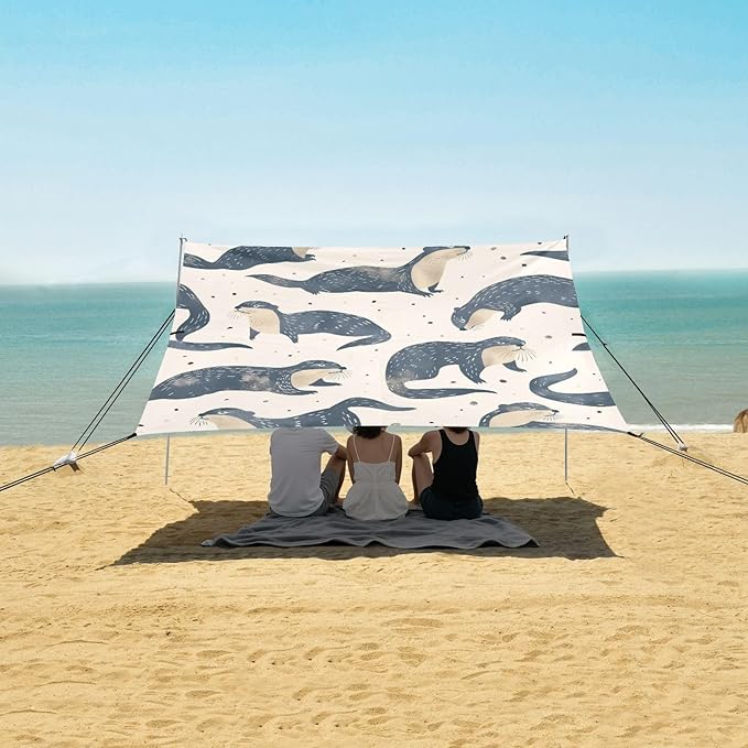 Otters Pattern Beach Tent Sun Shelter 9.2' x 10.5' Beach Canopy with 4 Sandbags 4 Stability Poles Sand Shovels - Tent Canopy for Beach Camping Fishing Picnics