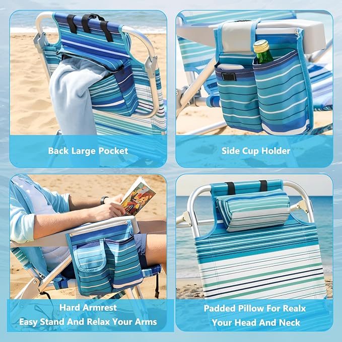Folding Backpack Beach Chair for Adults 5-Position Aluminum Lightweight Reclining Beach Chair Low Sands Compact Chairs with Cup Holder and Padded Headrest for Lawn Patio PoolsideSupports 300lbs