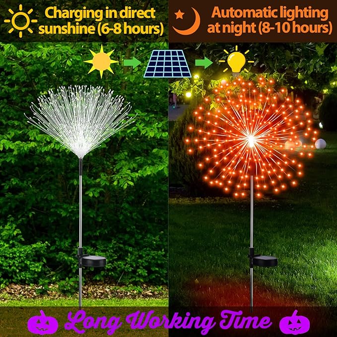 6 Pcs Easter Solar Firework Stake Lights 180 LED 8 Modes Solar Waterproof LED Sparkler Lights Outdoor Decoration for Christmas Holiday Garden Patio Yard Pathway Walkway Orange Purple
