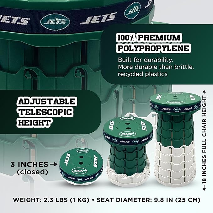 Sporticulture NFL New York Jets Telescoping Collapsible Stool 500lbs Max Weight Portable Adjustable Height Folding Camping Stool with Carry Strap Retractable Stadium Have A Seat Outdoor Sports Fan