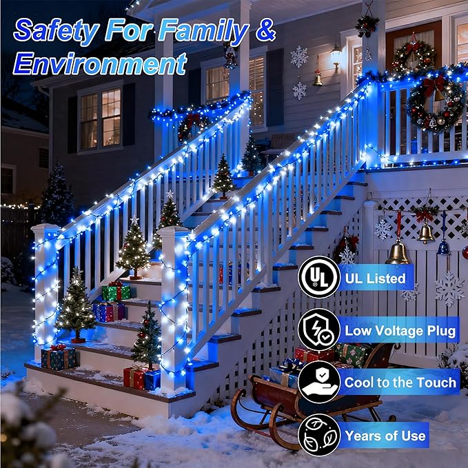 1500 LED 470FT Christmas String Lights Outdoor 12 Pro Modes and Timer Memory &amp Brightness Plug in Waterproof Clear Wire Twinkle Light for for Xmas Yard Tree Wedding Party Decor (Blue &amp White