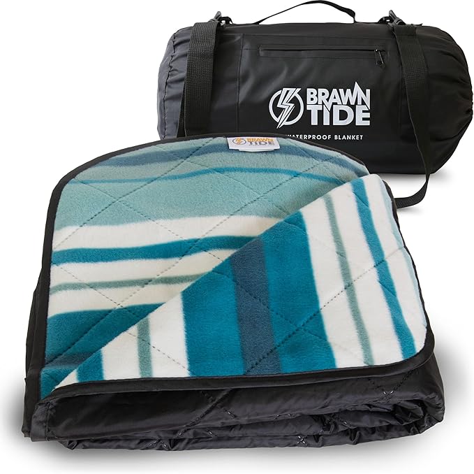 BRAWNTIDE Large Outdoor Waterproof Blanket - Extra Thick Fleece Warm Windproof Sandproof Quilted 82 x 55 Ideal for Beaches Picnics Camping Stadiums Dogs Car