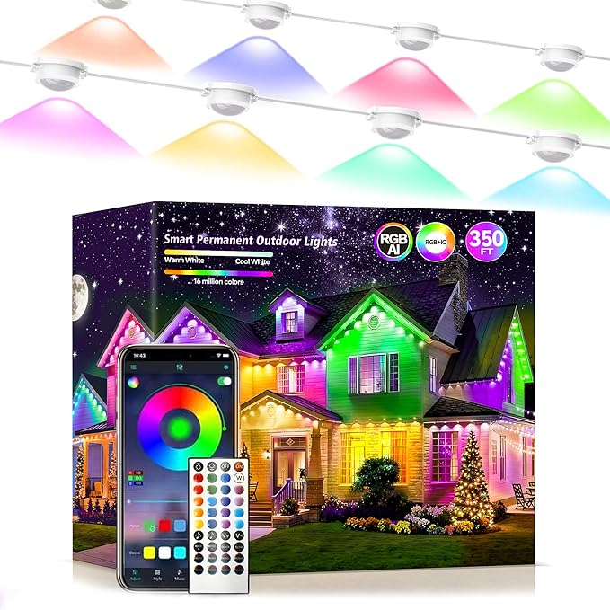 Permanent Outdoor Lights 350ft RGB+IC Outdoor String Lights App Control IP67 Waterproof120 Scene Modes Decorations for Home Christmas LightsHalloweenHoliday DailyBirthdayParty( 175ft*2pack)