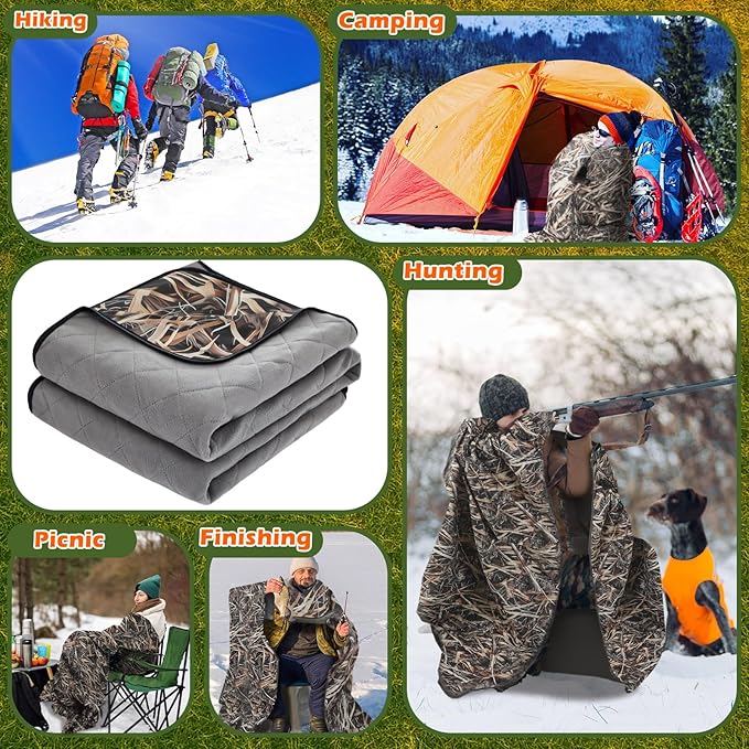 55 x 95 Waterproof Woobie Camo Blanket for Hunting Extra Outdoor Stadium Blankets Sherpa Lining with Hood and Storage Pocket for Deer Duck Hunting Gear Blind Accessories(Waterfowl Grass Camo)