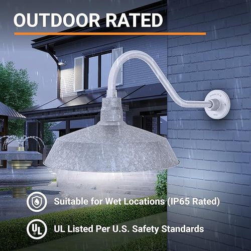 17in. Galvanized Finish Outdoor Gooseneck Barn Light Fixture with 22in. Long Extension Arm - Wall Sconce Farmhouse Vintage Antique Style - UL Listed - 9W 900lm A19 LED Bulb (5000K Cool White)