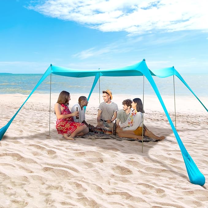 BOTINDO Family Beach Tent Canopy Sun Shade Pop Up Grande Beach Tent Sun Shelter Stability 4 Poles with Portable Carry Bag Outdoor Shade for Fishing Backyard Camping (Turquoise 10x10FT 4Pole)