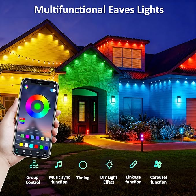 RGB Permanent Outdoor Lights 500FT Smart LED Eaves Lights with APP &amp Remote Control IP67 Waterproof Outdoor String Lights for Christmas HalloweenParty Garden Patio House Decor(2 Rolls of 25