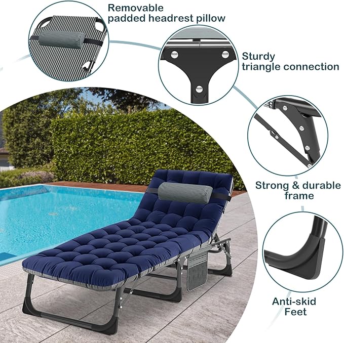 NAIZEA Folding Camping Cot W/Mat for Adults Adjustable Lounge Chair Outdoor Heavy Duty Sleeping Cot Bed Travel Camp Cots for Pool Beach Patio Sunbathing