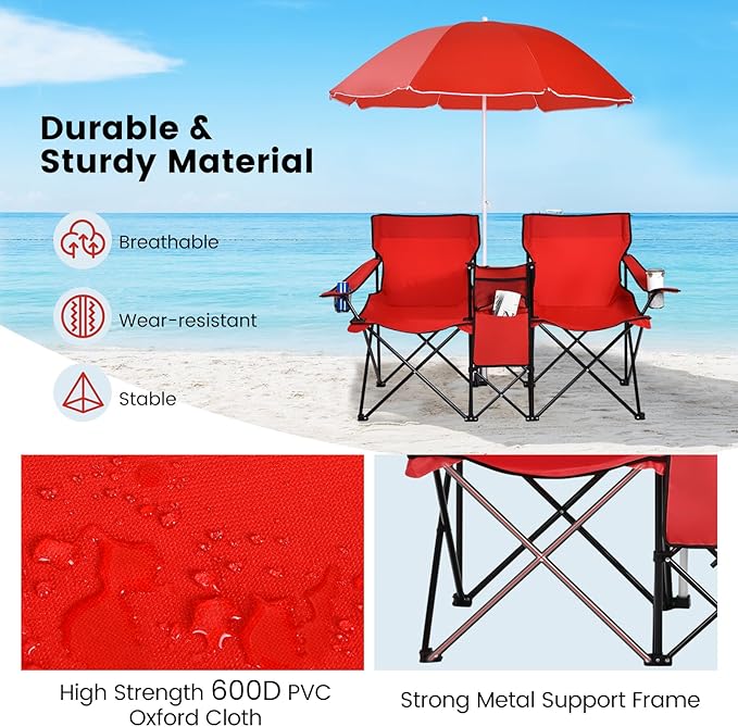Double Camping Chair 2-Person Portable Beach Chair w/Removable Umbrella Cup Holders &amp Carrying Bag Folding Loveseat Chairs for Adults Outdoor Picnic (Red)