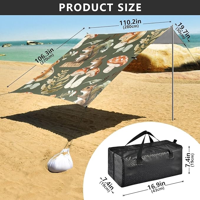 Beach Tent Sun Shelter Cartoon Squirrels Mushrooms Lightweight &amp Easy Setup Beach Shade Canopy for Camping Fishing