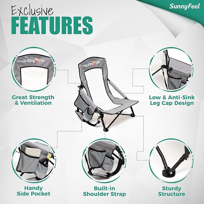 SUNNYFEEL Low Folding Beach Chair for Adults Portable Lightweight Sling Beach Camping Chairs with Cup Holder ArmrestFoldable Camp Lawn Chair for Outdoor Sand Concert Travel Sport Events300LBS