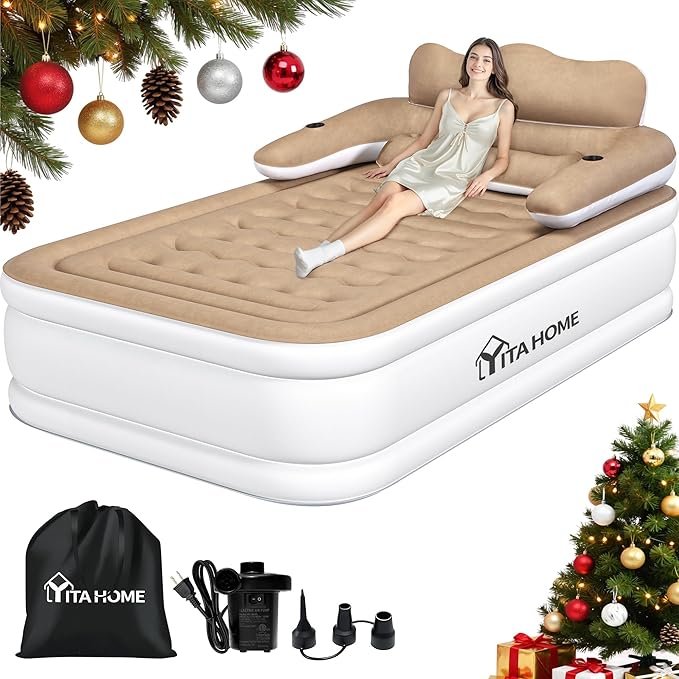 YITAHOME FullXL Size Air Mattress with Headboard and Pump 18in Blow Up Mattress with Carry Bag and Travel Brown