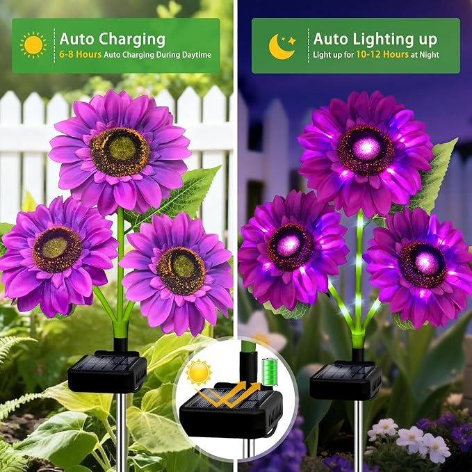 ANGMLN Solar Lights Outdoor Garden Decor 5 Pack with 15 Purple Sunflower Lights Solar Flowers Waterproof Birthday Gifts for Mom Women Outside Decorative Light for Landscape Yard Patio Lawn