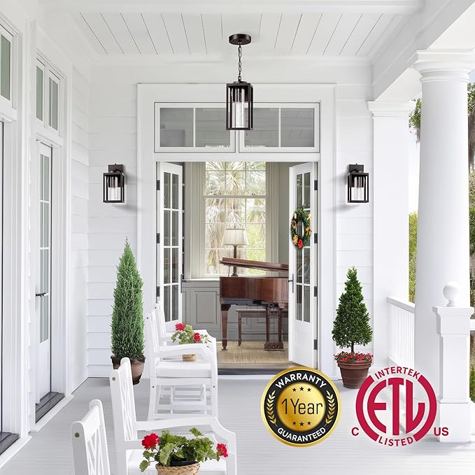 VIANIS Large Outdoor Pendant Light with Adjustable Chain 100% Aluminum Exterior Hanging Light Fixture Farmhouse Oil Rubbed Bronze Outdoor Porch Chandelier Built-in 10W LED Porch Hanging Lights