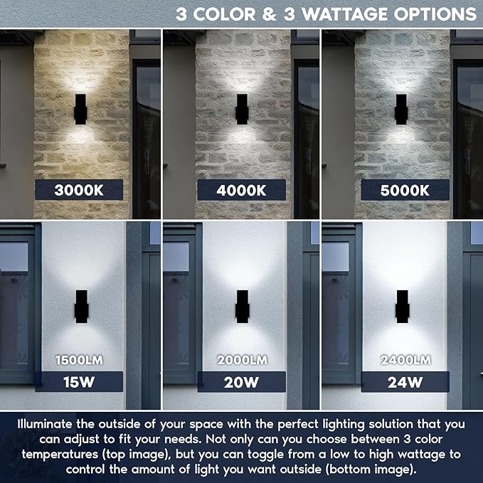 LUXRITE Dusk to Dawn LED Modern Outdoor Wall Light 10 Up or Up and Down Light 3CCT 3000K-5000K Waterproof Square Wall Sconce 15/20/24W Dimmable IP65 ETL Black - Exterior Porch Patio Garage