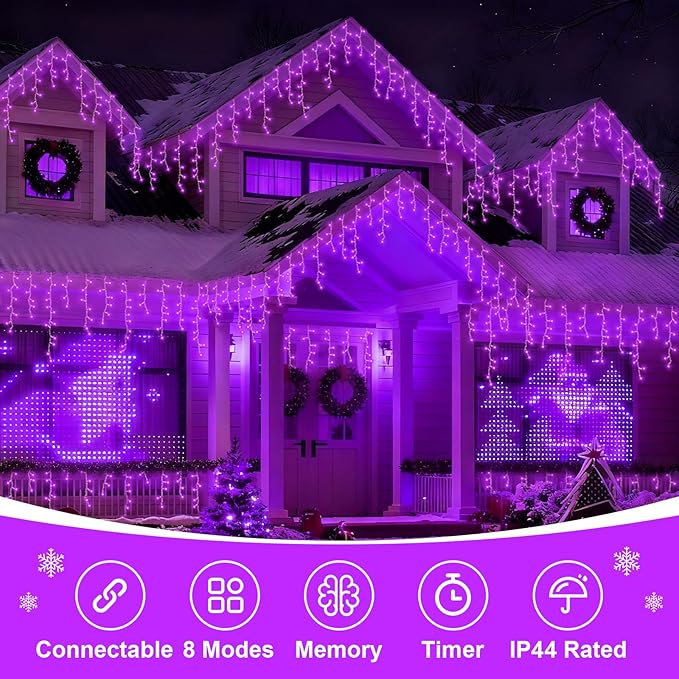 QITONG Purple Icicle Lights for Outside 33ft 400 LED String Light Indoor Plug in Clear Wire Connectable Icicle Christmas Lights with 8 Modes
