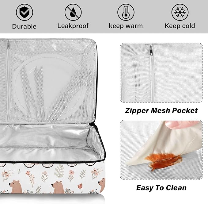 Casserole Carrier Cute BearInsulated Casserole Carrier for Hot or Cold Food Thermal Lunch Tote for Potluck Parties Picnic Beach Fits 9 x 13 Inches Baking Dish
