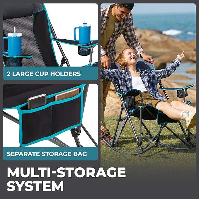 FUNDANGO Oversized Rocking Camping Chair for Adults 2 Pack Portable Folding Lawn Chairs for Outside with Pillows Wide Armrest 2 Cup Holders Carry Bag for Patio Garden Outdoor Supports 400Lbs
