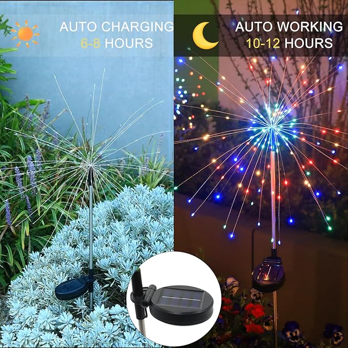Solar Garden Firework Lights Outdoor Waterproof 6 Pack Solar Lighting with 8 Lighting Modes  120 LED Sparklers String Lights for Outside Decor Yard Pathway Halloween Decorations(Colorful)