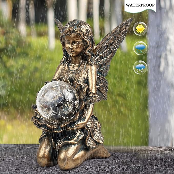 Garden Statues Outdoor Flower Fairy DecorSolar Powered Outdoor Resin Statues-Patio Lawn Yard Porch Funny Fairies Ornaments Figurines for Outside Garden Gifts8.31 Inches Tall