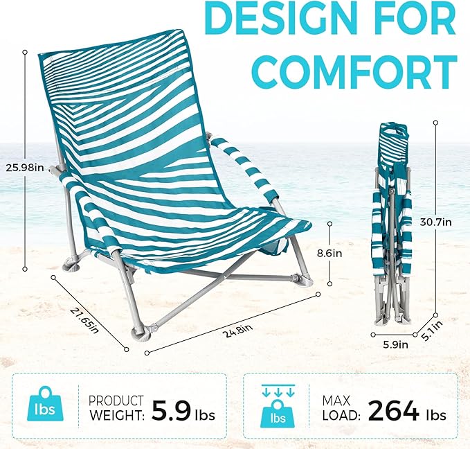 #WEJOY Low Beach Chairs for Adults Lightweight Beach Chair with Cup Holder Heavy Duty Portable Beach Chair for with Carry Bag for Outdoor Lawn Camp Trip Picnic Fishing