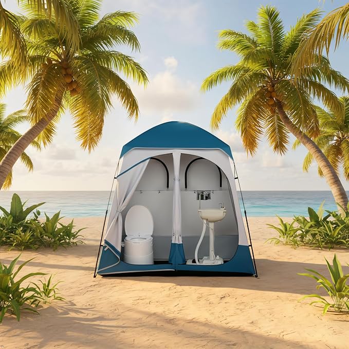 2 Rooms Camping ShowerTent - Portable Privacy &amp Changing Room Tent for Camping Hiking Beach | Lightweight Durable 15 * 19 Oxford Cloth Tent with Large Zipper Door 90x90x48 (Blue/White)