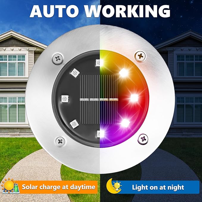 LYHOPE Solar Ground Light Outdoor 16 Pack 8 LED Color Changing Solar Disk Lights Waterproof Garden In-ground Pathway Lights Landscape Lighting for LawnYardDeckPatioWalkway (RGB)