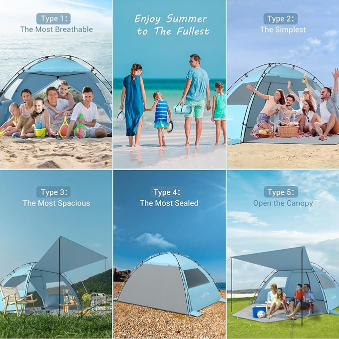 Elegear CumbreX™ Beach Tent Sun Shelter with Canopy 6-8 Person Beach Tent Easy Setup UPF 50+ UV Protection Portable Lightweight Double Silver Coating Cabana Sun Shade Shelter - Sky Blue