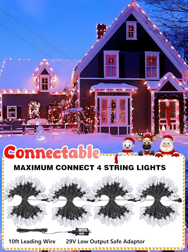 2-Pack Connectable C9 Christmas Lights Outdoor Indoor 66 FT 100 LED Christmas String Lights Plug in with 8 Modes &amp Timer Waterproof Fairy Twinkle Light for Xmas Tree Yard Decorations (Red and Wh
