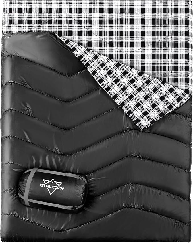 XL Queen Size 2 Person Double Sleeping Bag for Adults Lightweight Compact with Flannel Liner &amp Thermolock Draft Tube Machine Washable All Season Camping Travel