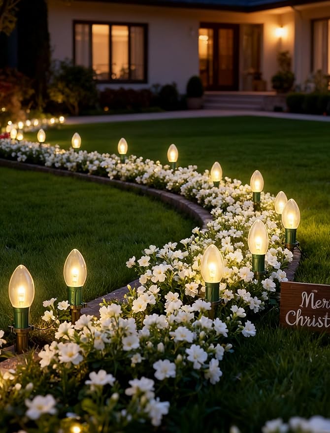 C9 Christmas Pathway Lights Outdoor 38Ft Outside Christmas Decorations with 25 7W Clear Bulbs and Stakes Waterproof Walkway String Lights for Outside Driveway Sidewalk Yard Path Holiday Xmas Decor