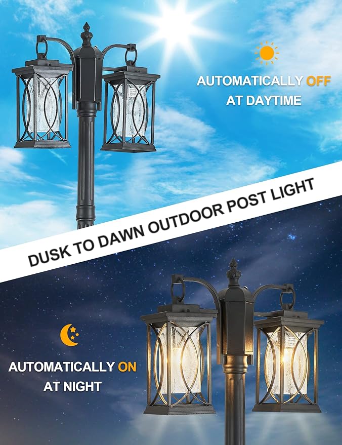 Dusk to Dawn Outdoor Lamp Post Light Modern 2-Head Street Pole Light Fixtures with Outlet Waterproof Black Outside Street Light Electric Lantern for Backyard Garden Patio Driveway