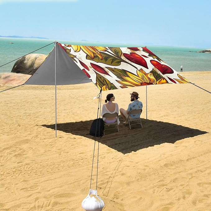 ALAZA Sunflower Red Heart Beach Tent Sun Shelter UPF50+ Protection Beach Shade Canopy w/ 4 Sandbags for Outdoor Camping Fishing Backyard Fun Picnic 10x9 ft