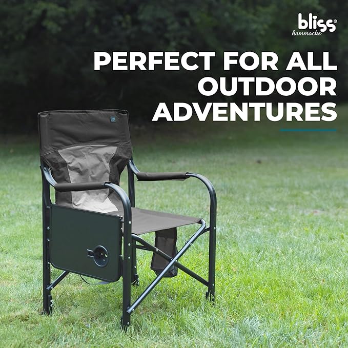 Bliss Hammocks 24 Volt Heated Directors Seat with 3 Heat Settings Folding Portable 21 Inch Wide Steel Frame Camping Chair - Battery Included Gray